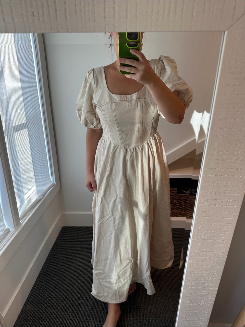 Moon River Cream Puff Sleeve Midi Dress - Scoop Neck